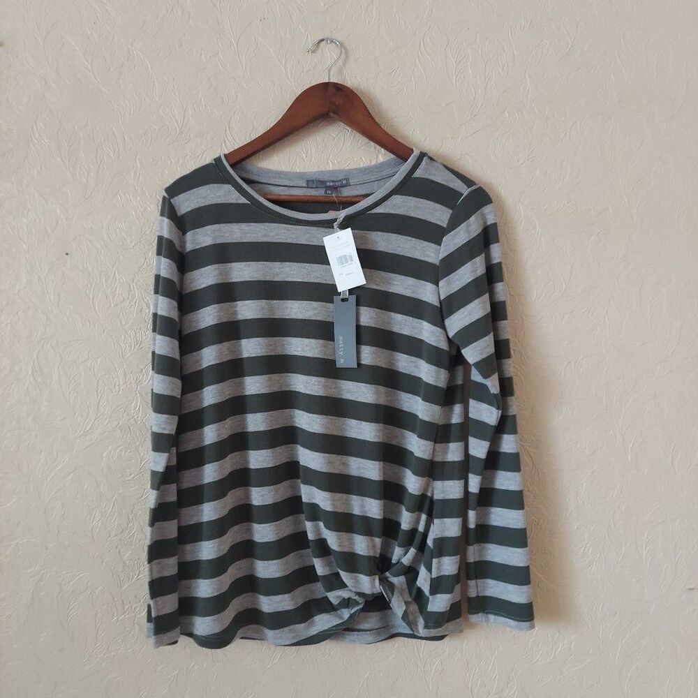 Matty M Twist Knot Scoop Neck Stripe Long Sleeve Tee In Olive/Grey NEW Sz XS